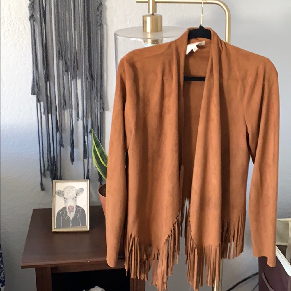 Brown jacket with fringe.